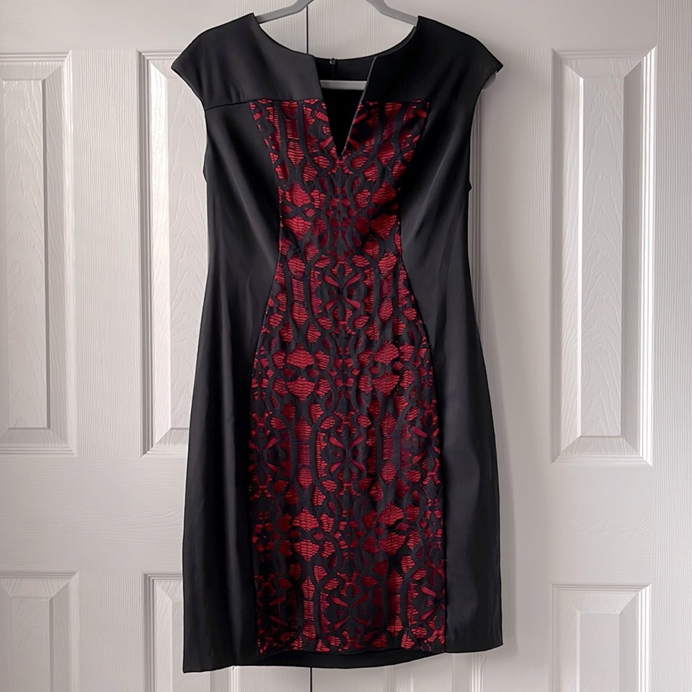 Connected Apparel Red Panel w/Black Lace Overlay Sheath Dress | Black & Red | 8P